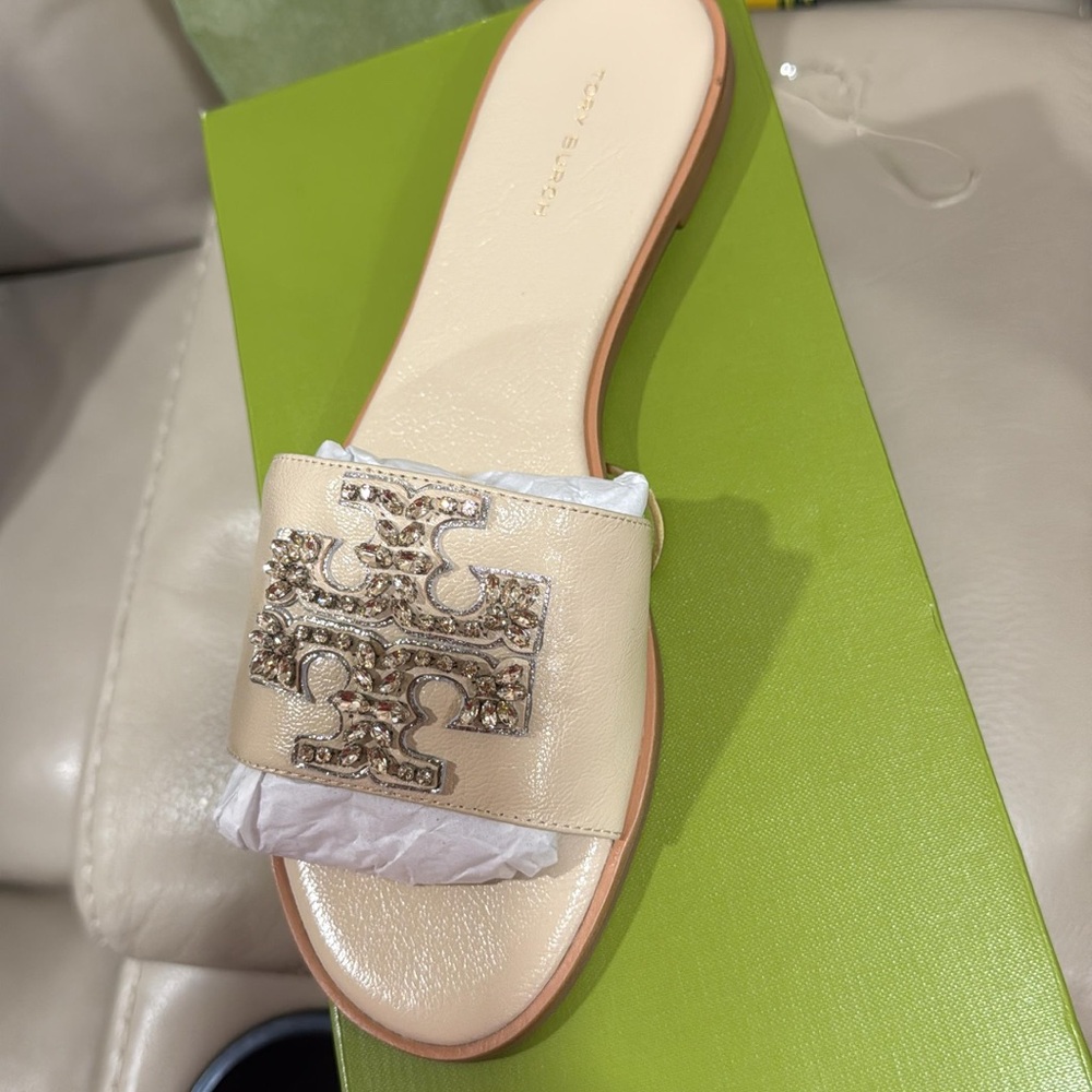 Tory Burch Pearl-Tone Embellished Slide Sandal